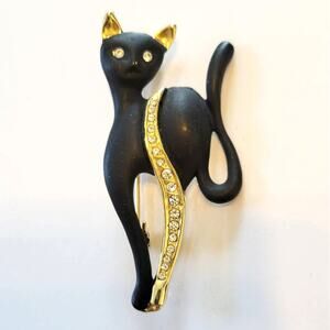 Vintage Cat Brooch Black Enamel Gold Tone Rhinestone Eyes Catcore Black Cat